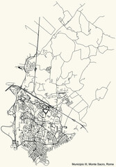 Black simple detailed street roads map on vintage beige background of the neighbourhood Municipio III – Monte Sacro municipality of Rome, Italy