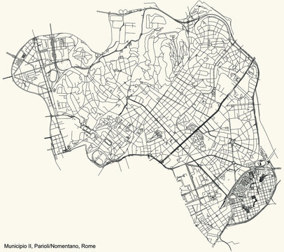 Black simple detailed street roads map on vintage beige background of the neighbourhood Municipio II &ndash; Parioli/Nomentano municipality of Rome, Italy