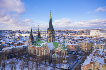 Fototapeta premium Aerial veiw on Elizabeth church in Lviv, Ukraine from drone
