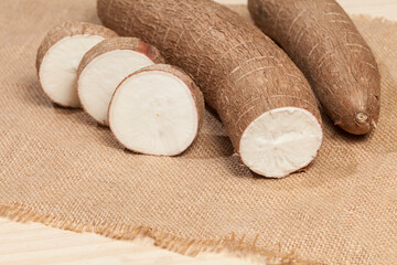 Manihot esculenta (Yuca, manioc, guacamota) Cassava raw tuber.