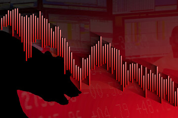 A bearish stock market with a red background. The red bar chart with a black silhouette of a bear looking down to the descending chart shows a downward price movement in the stock market.