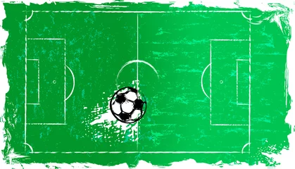 Gardinen abstact background with soccer ball, soccer field, football, grungy frame, paint strokes and splashes, free copy space © Kirsten Hinte