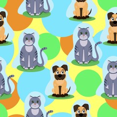 Seamless pattern with cute pets cat and dog, children's print with animals, vector illustration in cartoon style, bright colored children's background.
