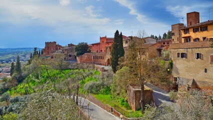 Tuscan medieval village of Certaldo Alto in the province of Florence, Italy. The town is famous for being the birth and death place of the poet and writer Giovanni Boccaccio