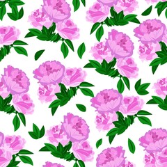 Seamless pattern with Beautiful bright wreath of lush pink peonies, round frame of flowers, beautiful spring plants, vector illustration in flat style.