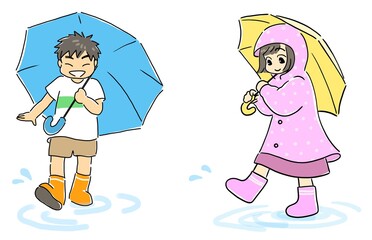 笑顔で傘をさす男の子と女の子