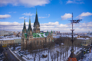 Obraz premium Aerial veiw on Elizabeth church in Lviv, Ukraine from drone