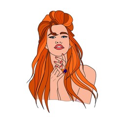 Set of linear portraits of beautiful girls with long hair, young beautiful girl with elegant hairstyle for long hair, trendy logos for beauty salons, avatar, vector illustration in doodle style.