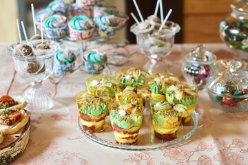 candy bar, sweet buffet table, champagne snacks