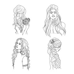 Set of linear portraits of beautiful girls with long hair, young beautiful girl with elegant hairstyle for long hair, trendy logos for beauty salons, avatar, vector illustration in doodle style.
