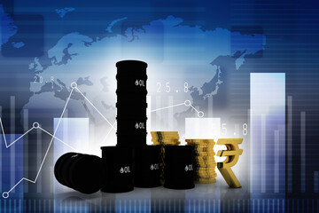 3d illustration Oil price, Oil Industry concept with Barrel and Indian Rupee.