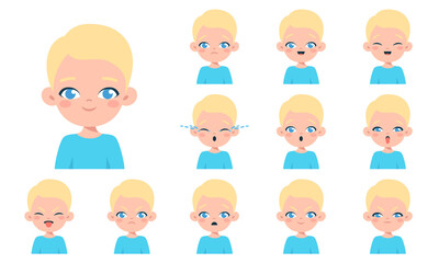 Boy facial emotions set. Kids face with different expressions. Cartoon character design. Happy, smile, angry, sad, crying, surprised boy avatar. Flat vector portrait isolated on white background