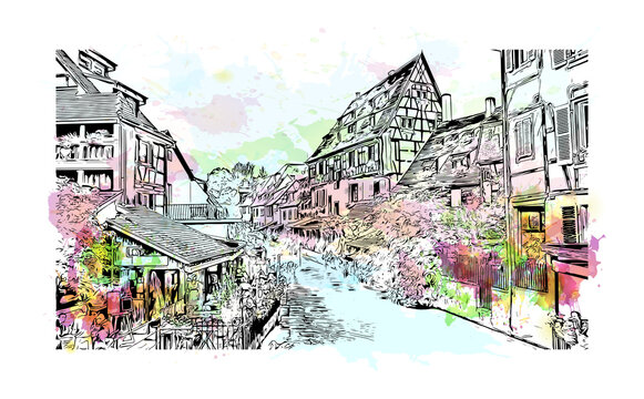 Building view with landmark of Colmar is the
city in France. Watercolor splash with hand drawn sketch illustration in vector.