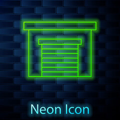 Glowing neon line Garage icon isolated on brick wall background. Vector.