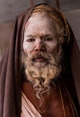 Indian Monk (Naga Sadhu baba) at Holy Ardh Kumbh Mela, in Allahabad (Prayagraj), Uttar Pradesh,...