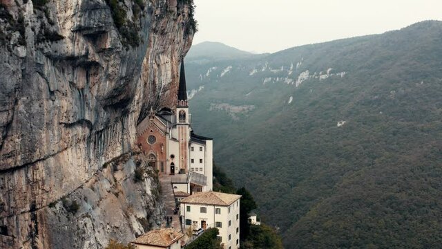 Aerial view over secret church in the mountains.