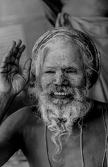 Indian Monk (Naga Sadhu baba) at Holy Ardh Kumbh Mela, in Allahabad (Prayagraj), Uttar Pradesh,...
