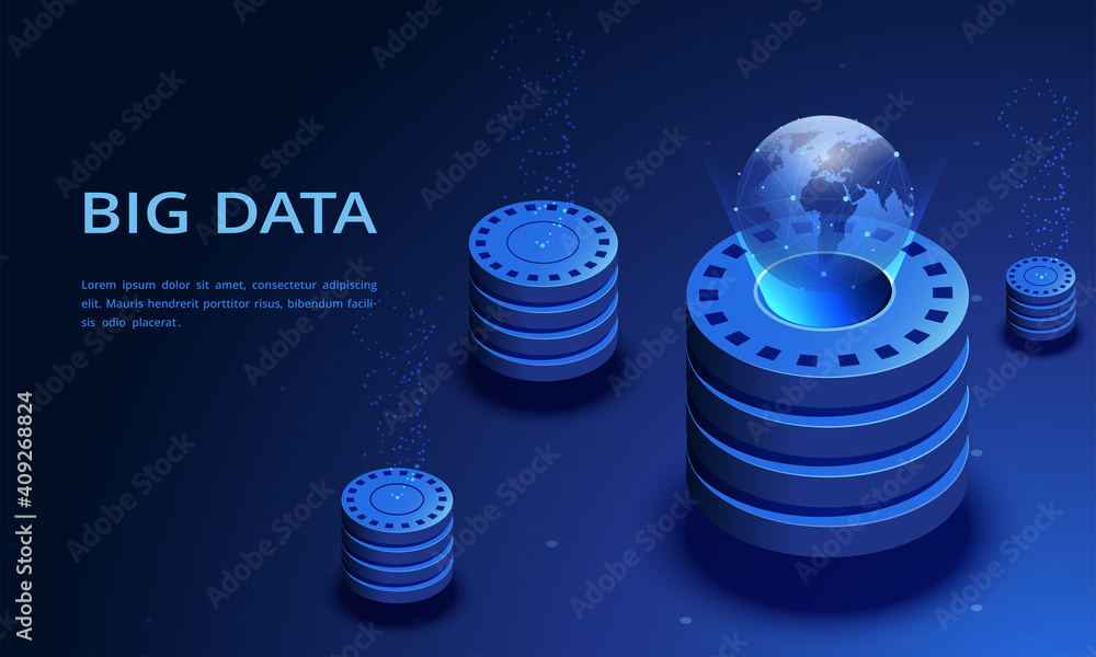 Poster isometric vector image on a dark blue background, illustration in the form of a landing page for a w