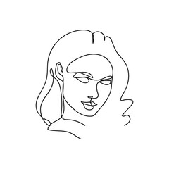 Elegant minimalist portrait continuous line art. Contemporary portrait. Long hair, looks straight. Pretty face. Flirts. Aesthetic contour. Avant garde style illustration