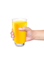 Glass of in hand orange juice, isolated on white background