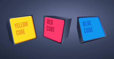 flat vector image on a black background, 3 large colored cubes with the inscription