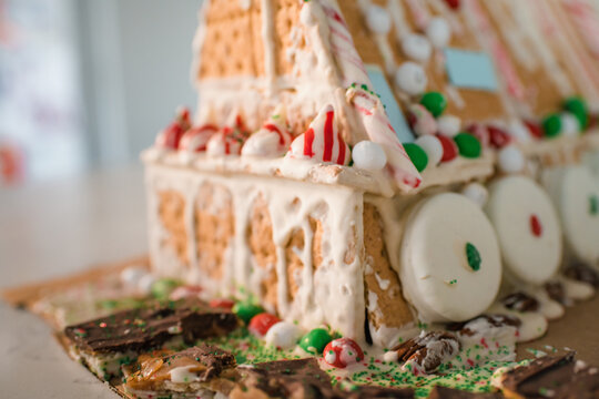 Gingerbread house close up with candy and icing