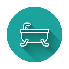 White line Bathtub icon isolated with long shadow background. Green circle button. Vector.