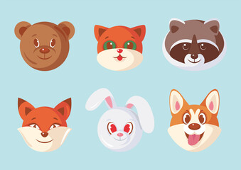 Set of faces of different animals: bear, cat, raccoon, fox, hare, dog. Vector illustration, character, portrait, icon, avatar, sticker, print