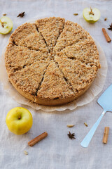 Freshly baked homemade double crutsed apple crumb pie. Sweet food from above,