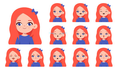 Set of cute little ginger girl with different facial expressions. Girl emotions face collection. Cartoon character design. Happy, sad, angry, surprised. Vector isolated on white background