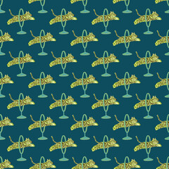 Wild cat seamless pattern with doodle jumping yellow tigers acroos rings print. Navy blue background.