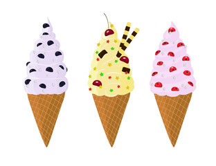 Ice cream in a waffle cup with berries and chocolate