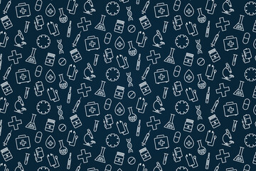 Medical vectors seamless pattern. Medical icons background. Thin Outline Art.
