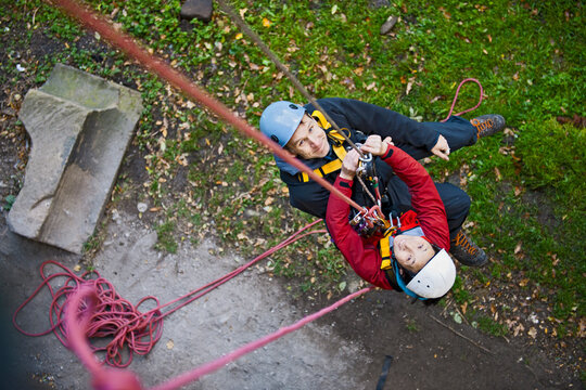 couple practising high rope rescue in the UK