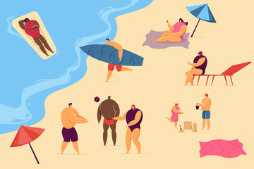 Fototapeta premium Positive people relaxing on beach isolated flat vector illustration. Cartoon various characters swimming in sea, sunbathing and playing on coast. Summer activity and leisure concept