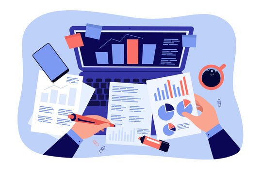 Top of office workplace, hands of accountant analyzing and studying financial reports on documents, laptop screen. Vector illustration for accounting, audit, stock market trading, technology concept
