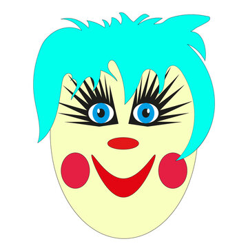 A sweet, slightly frightening face of a clown with blue hair and a red nose on a white background.  illustration.