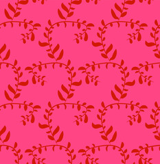 Red, curved twigs and leaves on a pink background. Pattern. illustration.