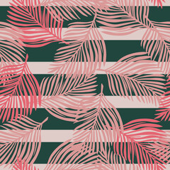 Tropic foliage seamless pattern with doodle random pink fern foliage silhouettes. Striped background.