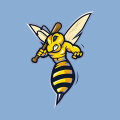 Bee mascot logo design vector with modern illustration concept style for badge, emblem and t-shirt printing. A bee carrying a baseball stick