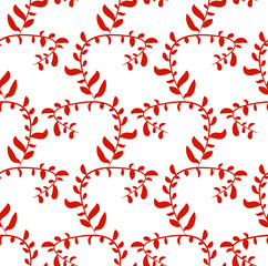 Red, curved twigs and leaves on a white background. Pattern. illustration.
