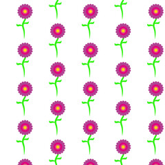 Pattern of purple, beautiful, colorful, simple flowers with a yellow core without strokes with a green stem and petals. illustration. Seamless texture.