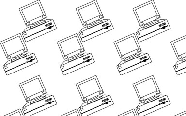 Pattern of black and white, old, vintage, retro, hipster computers with convex monitors and floppy.  illustration.