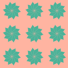 Fototapeta na wymiar Pattern of beautiful, turquoise flowers with oblong petals on a peach, gentle pink background. illustration. Seamless texture.