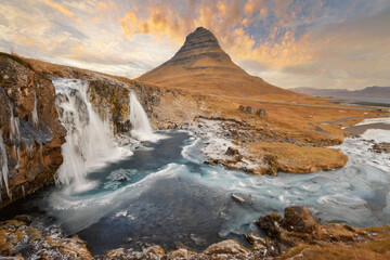 Mount Kirkjufell Iceland.Iceland Landscape cold panorama at sunset.