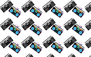 Pattern of black and white and colored, hipster, beautiful, vintage retro audio tape recorders from the 80's on a white background. Seamless texture.  illustration.