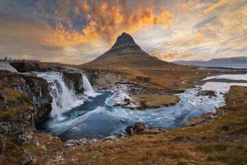 Mount Kirkjufell Iceland.Iceland Landscape cold panorama at sunset.