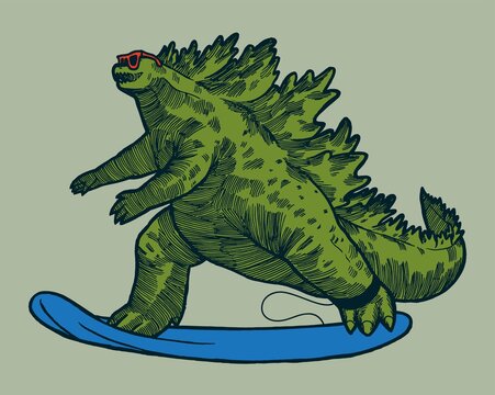 Godzilla surfing. Japanese enormous mythical creature riding surfboard. Funny isolated character vector illustration.