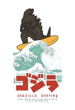 Japanese reptile monster surfing the great wave off Kanagawa funny t-shirt print with Japanese and english typography.
