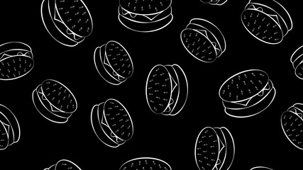 appetizing burgers on a black background, illustration. pattern with white burgers with natural filling. on top of the seeds with sesame seeds. social media icon